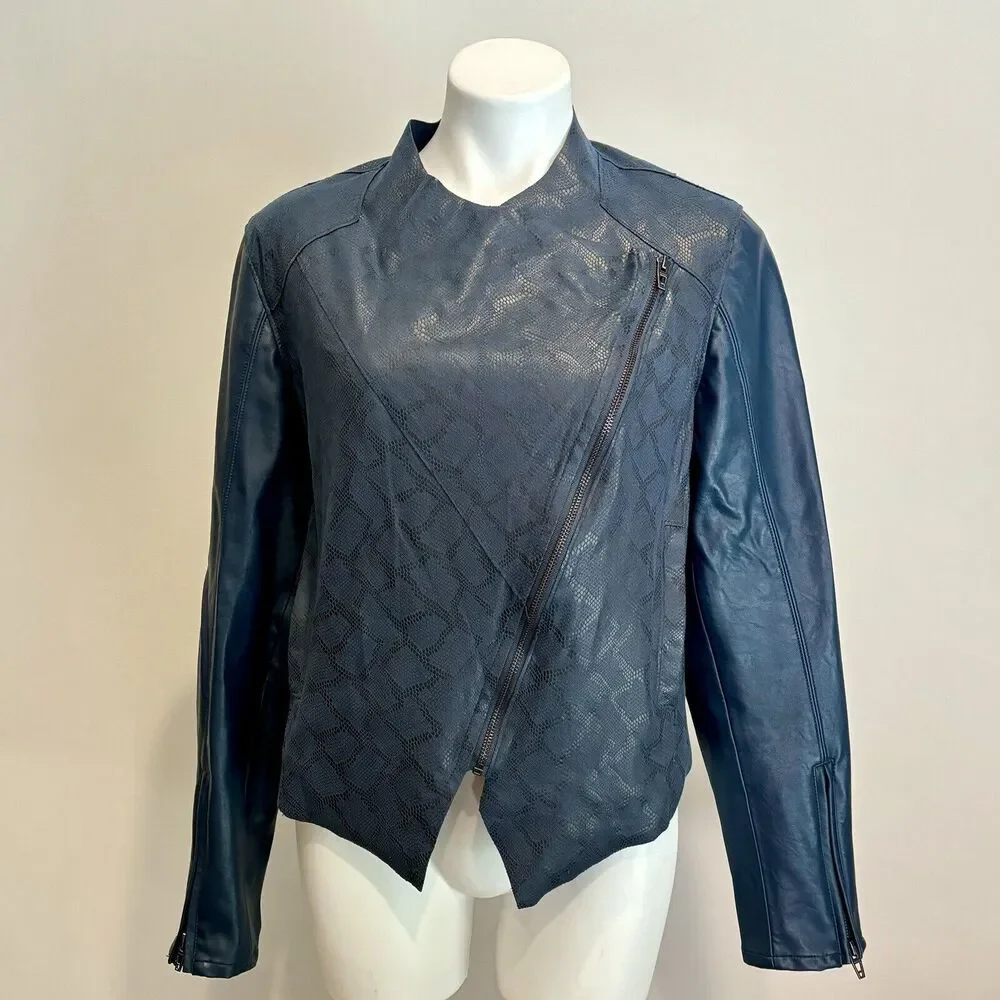 Blank NYC Jacket Large Dark Blue Faux Leather Zip Front Pockets - Picture 14 of 15